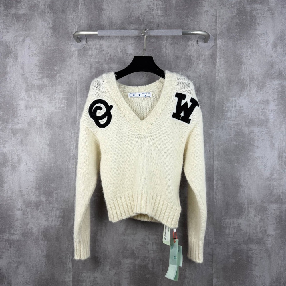 Authentic Off-White V-Neck Sweater in Cream with Black Letters